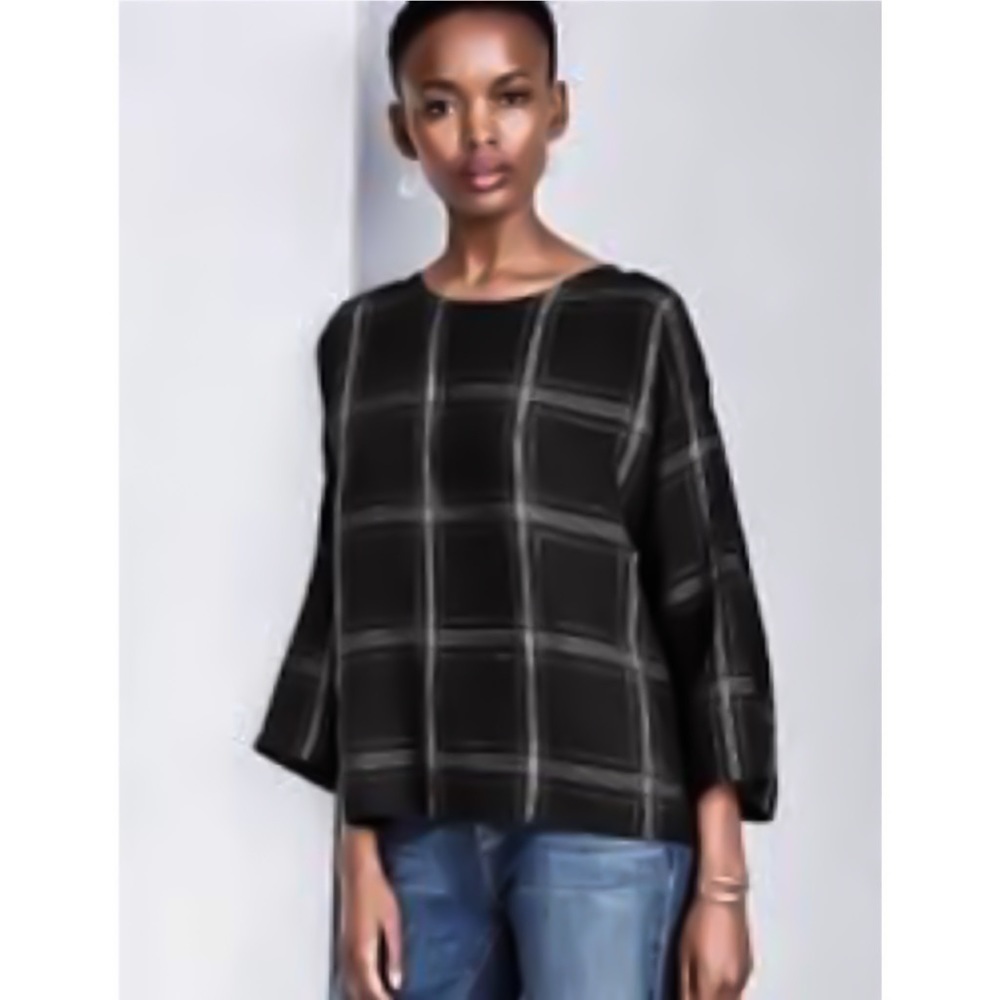 Eileen Fisher Organic Linen‎ Plaid Boxy Tunic Top Charcoal Gray 3/4 Sleeve XSP
